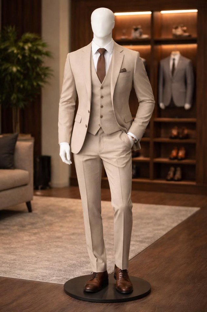 Costume slim fit 3 pieces beige homme
